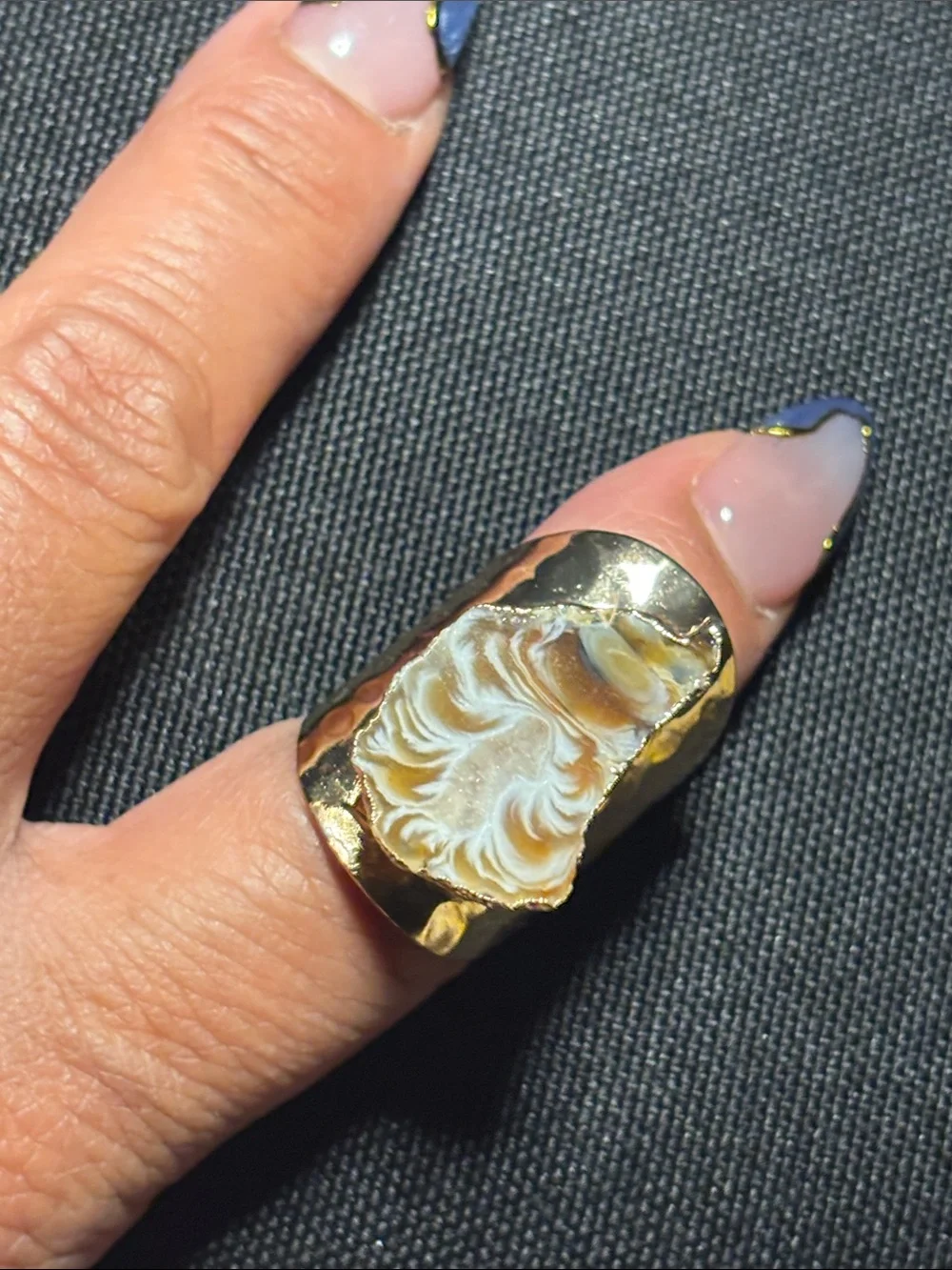 Gold Statement Ring with Cream and Brown Agate | size 6